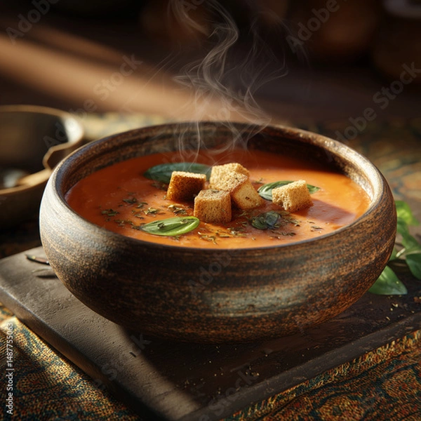 Fototapeta A steaming bowl of creamy tomato soup garnished with basil and croutons, rustic ceramic bowl
