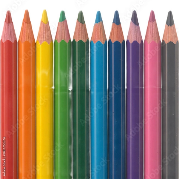 Obraz Row of ten sharpened colored pencils in rainbow order, isolated on transparent background.