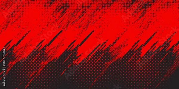 Fototapeta Dynamic red and black abstract background with grunge brush strokes and halftone dots, ideal for sports, action, or edgy graphic design.