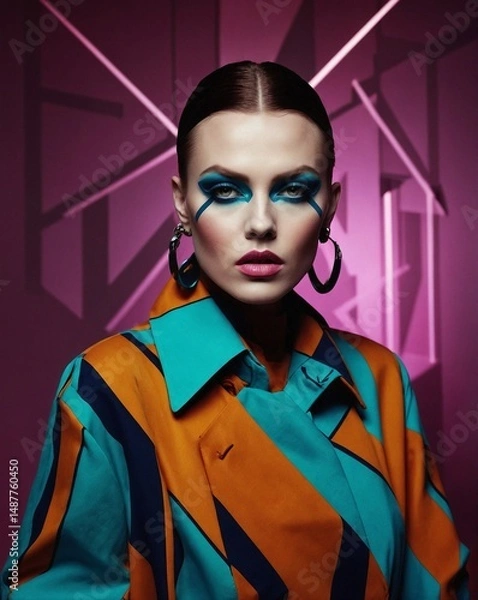 Fototapeta Portrait of a radically styled woman in an avant-garde setup. Abstract lighting from multiple spotlights, unexpected colors and angles.
