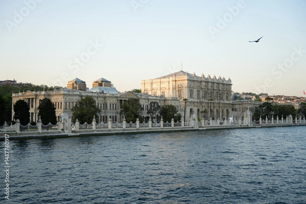 Fototapeta view of ciragan palace on the bosphorus, view from above the bosphorus on sunny day