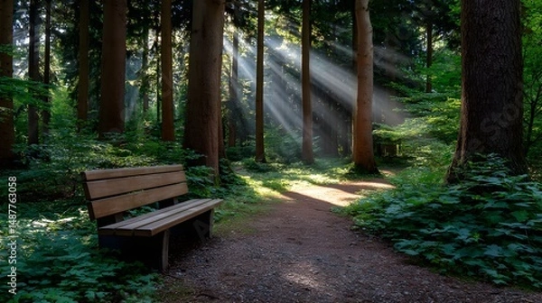 Fototapeta A bench placed beside a quiet forest path with light rays piercing through tall ancient trees