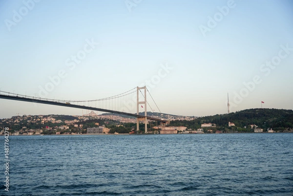 Fototapeta Bosphorus Bridge view from the middle of the Bosphorus with scenic cityscape