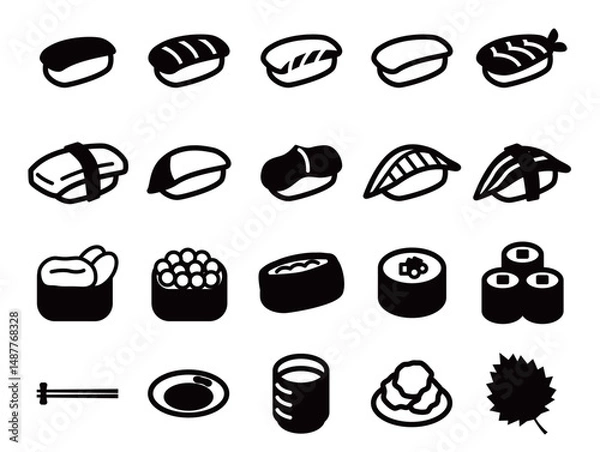 Fototapeta 寿司とお茶などのアイコンのセット_黒ベタ