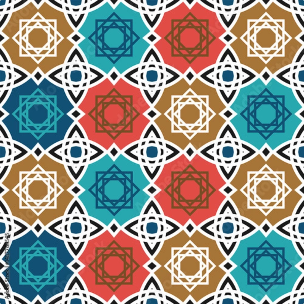 Fototapeta Seamless multicolored pattern with geometric ornament. Blue, red and white colors prevail. Vector illustration
