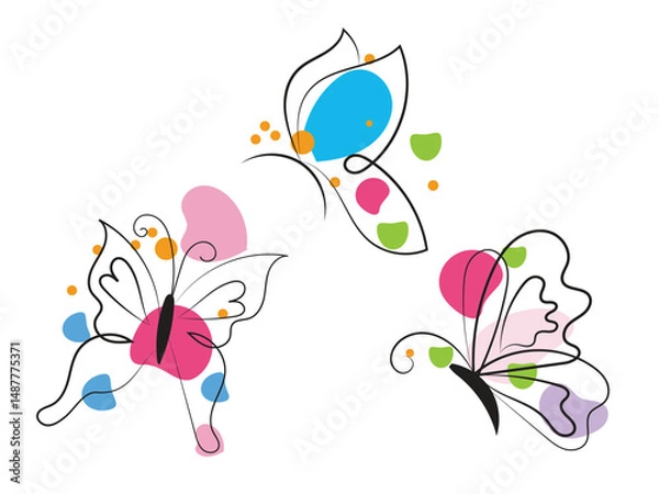 Fototapeta Three Abstract Butterflies with Colorful Shapes and Dots