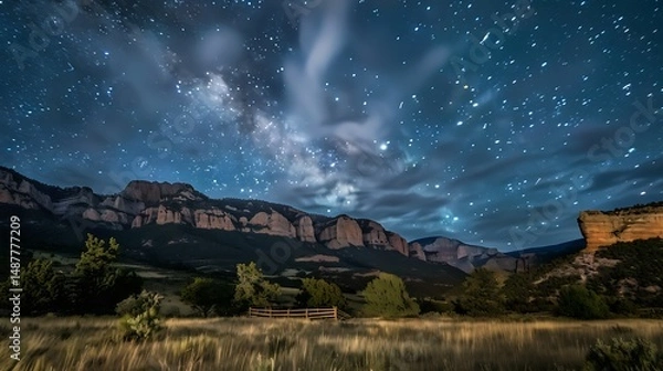 Fototapeta A mesmerizing night sky filled with millions of twinkling stars over a serene mountain range