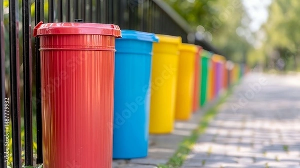 Fototapeta Colorful Trash Cans on a Pathway