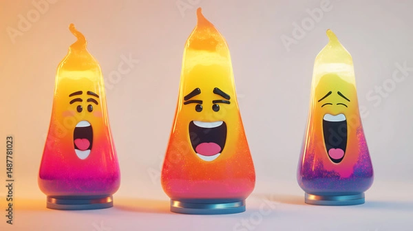 Fototapeta Colorful animated liquid lamps with expressive faces displaying various emotions against a soft backdrop
