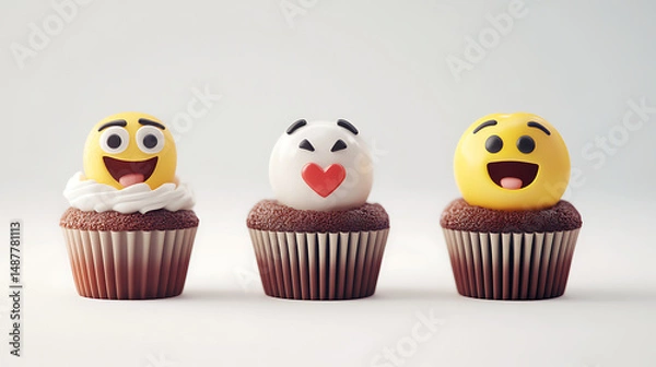 Fototapeta Colorful cupcakes topped with playful emoji faces, set against a soft, blurred background