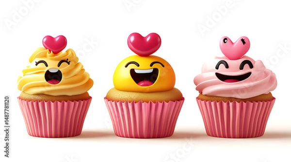 Fototapeta Three colorful cupcakes with smiling emoji faces and heart-shaped decorations on top