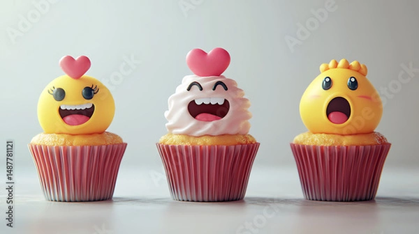 Fototapeta Colorful, cheerful cupcakes with animated faces and playful expressions on a light background