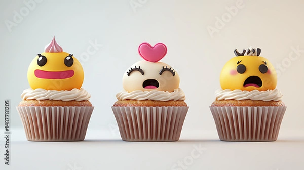 Fototapeta Three whimsical cupcakes with expressive emoji faces, set against a minimalist background
