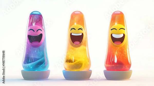 Fototapeta Colorful animated lava lamps with smiling faces, glowing in a bright background, creating a joyful ambiance
