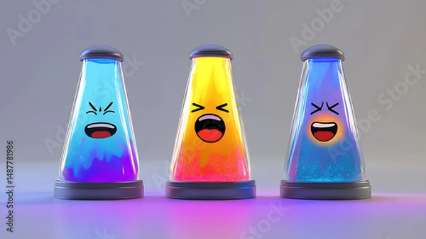 Fototapeta Colorful animated liquid-filled containers with expressive faces on a soft gradient background