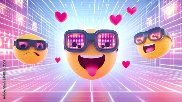 Fototapeta Colorful animated emojis with glasses expressing various emotions against a vibrant digital background