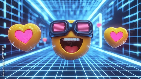 Fototapeta Vibrant emoji with sunglasses smiles joyfully, surrounded by floating hearts in a futuristic digital tunnel