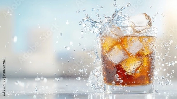Fototapeta Refreshing Cola with Ice and Splash cola splash ice soda drink beverage refreshment ice cubes glass