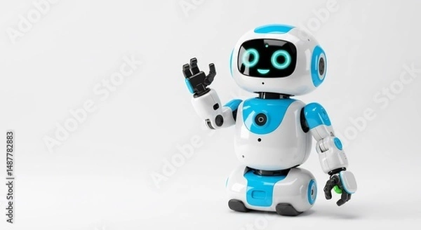 Obraz Friendly robot cheerfully waves hello against bright white background. AI Generated