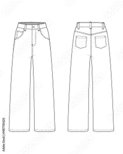 Fototapeta Straight Cut High Rise Denim Jeans- Front and Back View -Flat Vector Illustration 