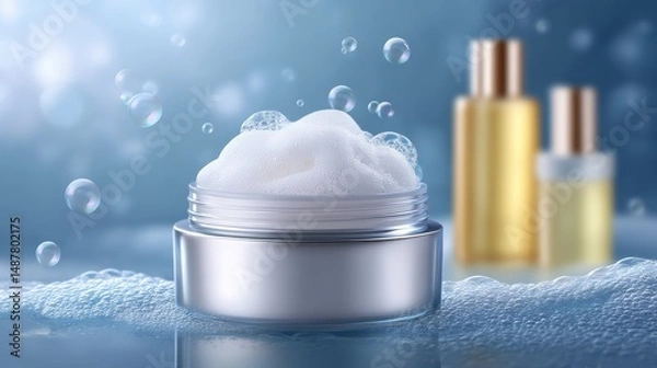 Fototapeta Soap Foam Captured Mid Float Above Skincare Set with Soft Bokeh Background