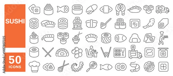 Fototapeta Set of 50 line icons related to sushi, seafood, chopsticks, rice, nori, caviar, sushi roll, Editable stroke. Vector illustration
