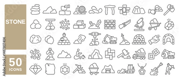 Fototapeta Set of 50 line icons related to stone, boulder, material, mine, crack, rocks, stones, Editable stroke. Vector illustration