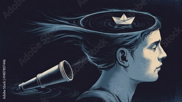Fototapeta Surreal illustration of a person with a paper boat floating in their mind