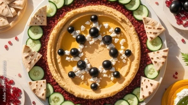 Fototapeta Colorful top view of hummus plate decorated with olives, feta cheese, and cucumbers