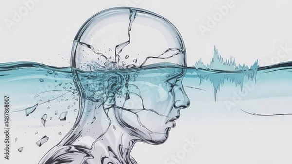 Fototapeta Illustration of shattered transparent head submerged in water with brain fragments
