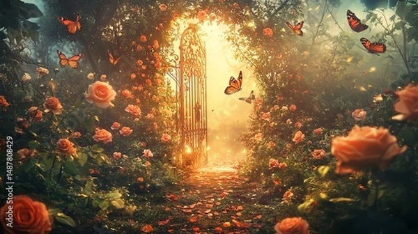 Fototapeta there is a pathway with stairs and flowers in the middle, beautiful render of a fairytale, enchanted magical fantasy