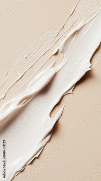 Fototapeta Close-up of smooth white cosmetic cream or makeup foundation smeared on a soft beige background. Generative AI