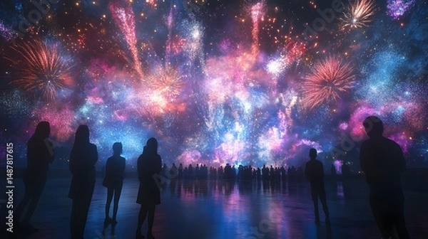 Fototapeta People standing in awe as vibrant fireworks explode above them in a spectacular night display