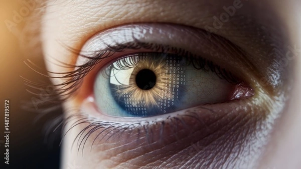 Fototapeta Close-up of human eye with digital binary reflection