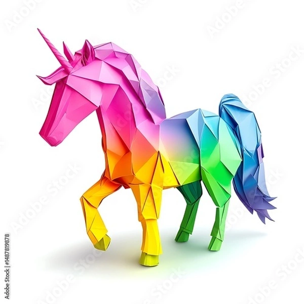 Fototapeta A brightly colored origami unicorn in a vibrant rainbow design on a white high resolution photo