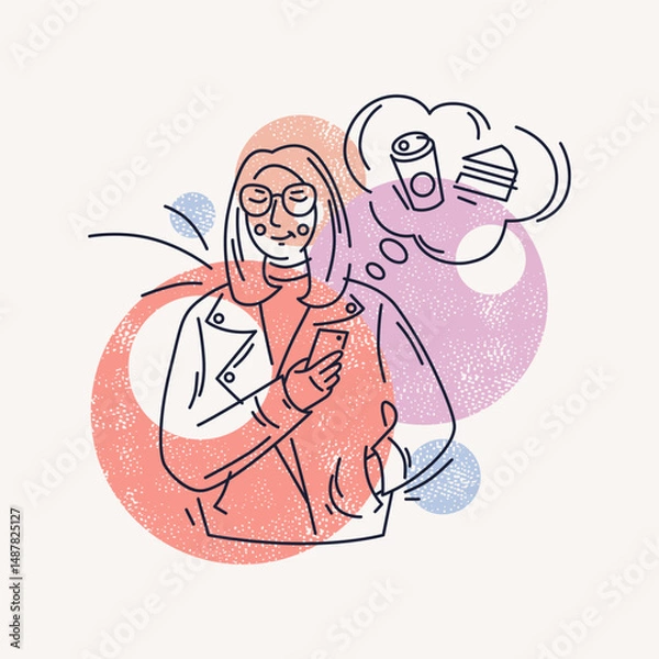 Obraz illustration of girl chooses what to order to eat on her smartphone. Thin line style design. Color print on white background