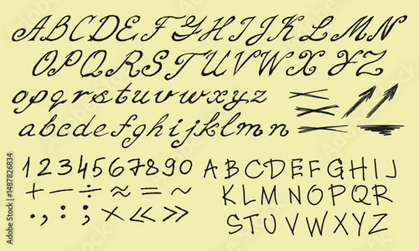 Fototapeta Handwritten uppercase and printed letters of the English alphabet, numbers, punctuation marks and more. Vector set