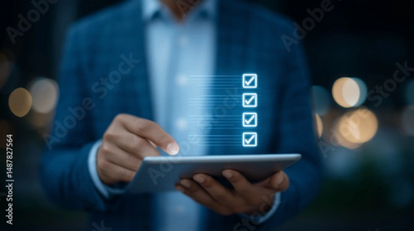 Fototapeta Businessman Engaging with Compliance Digital Interface on Tablet