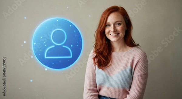 Fototapeta Young caucasian female with digital profile icon and red hair smiling