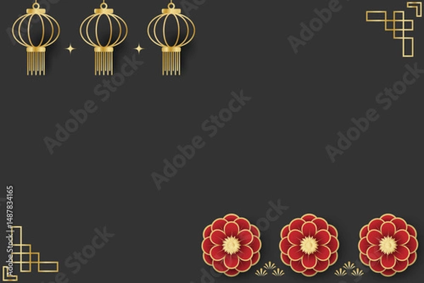 Fototapeta Chinese style festival banner of lanterns and red flowers on black background for your copy space. For Chinese New Year, Lunar new year, Mid-autumn festival.