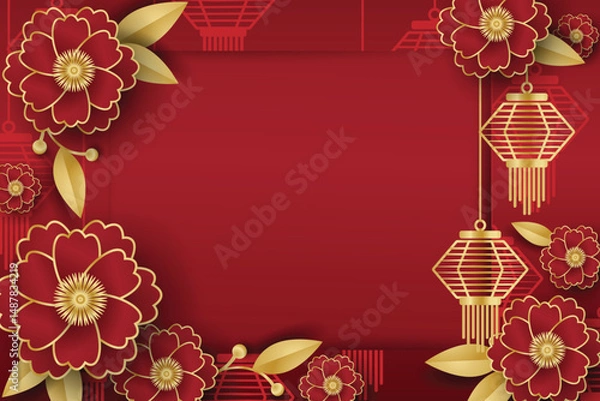 Fototapeta Chinese style festival banner of lanterns and red flowers on red pattern background and frame for your copy space. For Chinese New Year, Lunar new year, Mid-autumn festival.