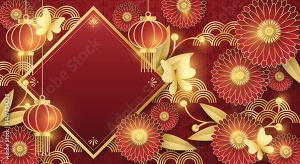 Fototapeta Chinese style festival banner of blooming flowers with golden butterflies, lanterns on red pattern background with frame for your copy space. For Chinese New Year, Lunar new year, Mid-autumn festival.