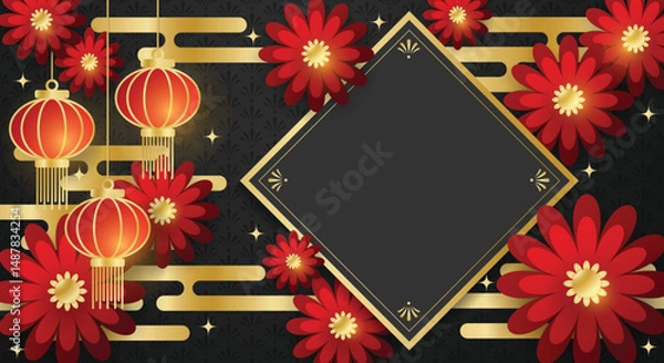Fototapeta Chinese style festival banner of lanterns and red flowers on black pattern background for your copy space. For Chinese New Year, Lunar new year, Mid-autumn festival.