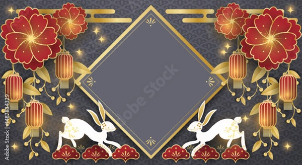Fototapeta Chinese festival banner of a pair of rabbits with red lanterns hanging on flowers with frame for your copy space on gray pattern background. For Chinese New Year, Lunar new year, Mid-autumn festival.