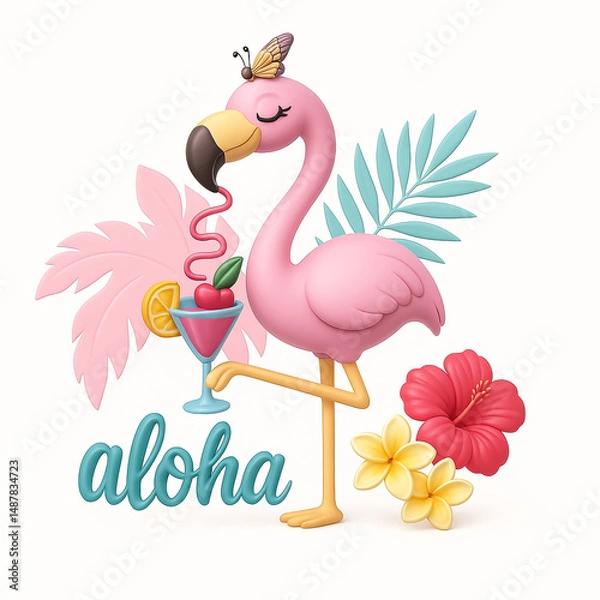 Fototapeta Cute cartoon flamingo with tropical cocktail, flowers, and palm leaves, accompanied by “Aloha” text. A cheerful summer illustration perfect for vacation, beach, or Hawaiian-themed designs.