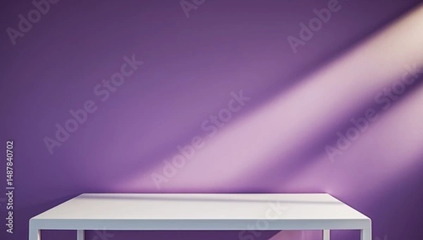 Fototapeta Minimalist Product Display. White Table Against a Purple Wall with Dramatic Lighting