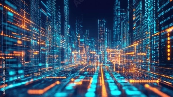 Obraz Futuristic digital city skyline with glowing lines and data streams.