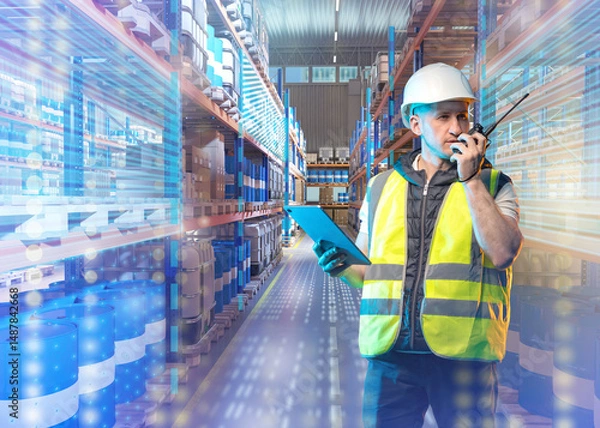 Obraz Warehouse worker in safety gear uses walkie-talkie and tablet for inventory control among stacked barrels and boxes in smart logistics environment. – Warehouse, Logistics.
