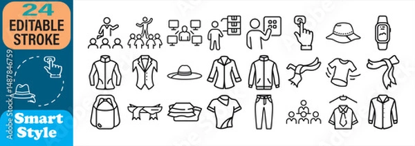 Fototapeta Collection of outlined icons related to clothing and fashion design with editable stroke feature