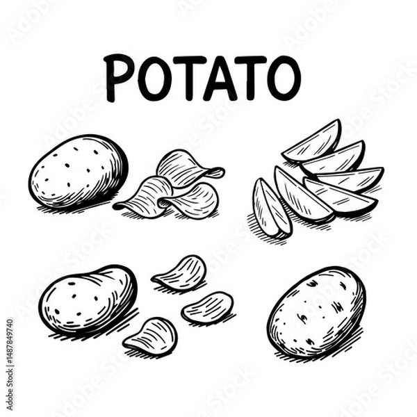 Fototapeta Vector set of potato drawings. Sliced pieces and chips. isolated background